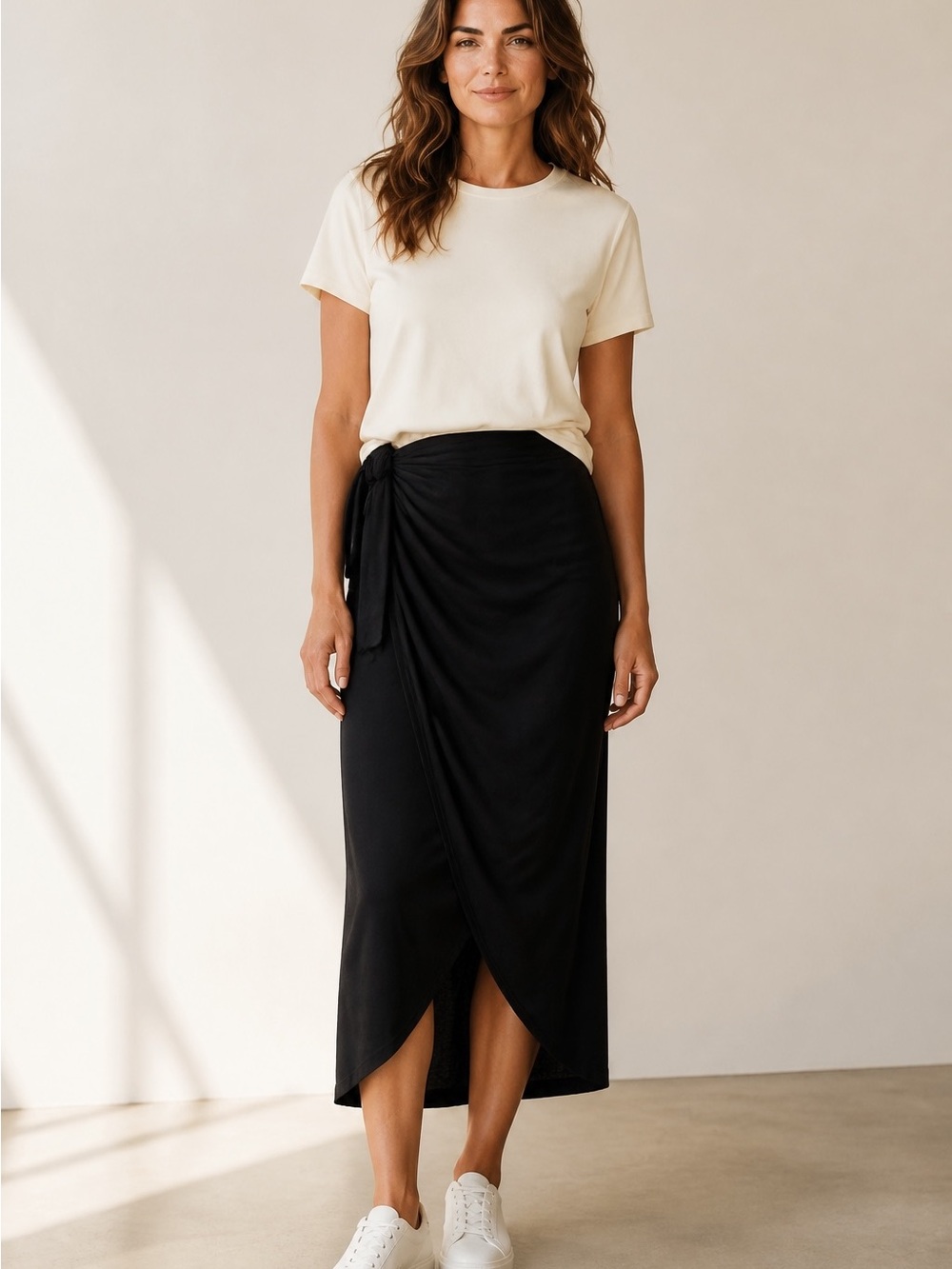 Women's Black Wrap Midi Skirt with Side Tie - Picture 1 of 5